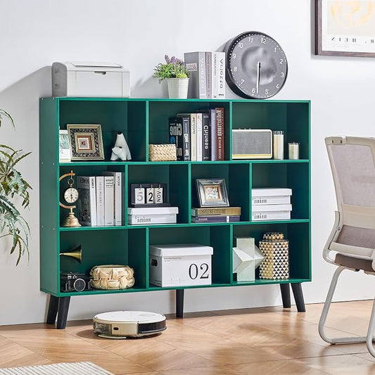 LEYAOYAO 10 Cube Bookshelf, 3 Tier Vintage 55" Wide Bookcase with Legs, Mid-Century Wood Bookshelves Storage, Dark Green Large Book Case, Freestanding Organizer Display Shelf for Living Room, Office