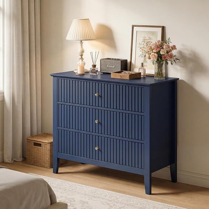 RoyalCraft 32" Large Nightstand Set of 2, Fluted Painted Wood Dresser with 3 Spacious Drawers, Blue Modern Bedside Table for Bedroom