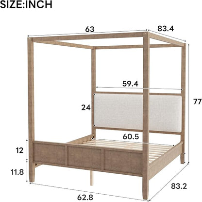Merax King Size Canopy Bed with Upholstered Headboard, Wooden Platform Bed Frame with 4-Posters, Solid Wood Slat Support, No Box Spring Needed
