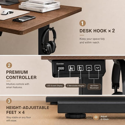 Grandder 63x32 Large Electric Standing Desk, Height Adjustable Computer Desk with 2 Memory Presets, 31.5" Deep Desktop Sit Stand Desk Home Office Desk Workstation Table with Hooks, Walnut