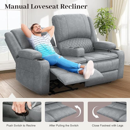 Yolsali Loveseat Recliner Sofa, Manual Reclining Loveseat with Removable Armrest, PU Leather Double Recliner for RV with 2-Tier Cushions, USB Charging Ports, Cup Holders - Gray PU