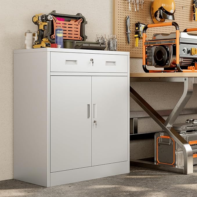 BESFUR Metal Garage Storage Cabinet with One Lockable Drawer 2 Locking Doors and an Adjustable Shelf, 36" White Metal Short Storage Cabinet for Home Office, Garage,School,Utility Room