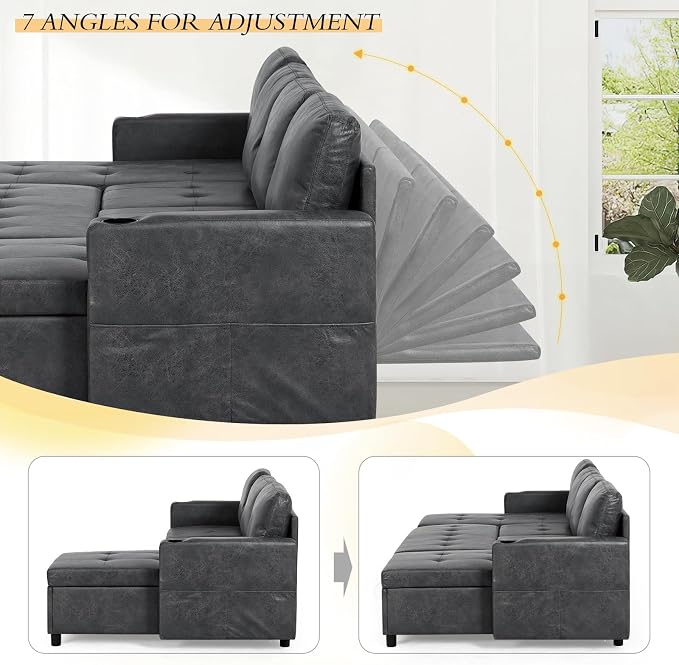 110 inches Suede Leather Sleeper Sofa w/Pull Out Bed, U-Shape Sectional Sofa Bed w/Adjustable Backrest and Storage Chaises, 4-Seats Upholstered Sofa Bed w/USB Port for Living Room, Grey