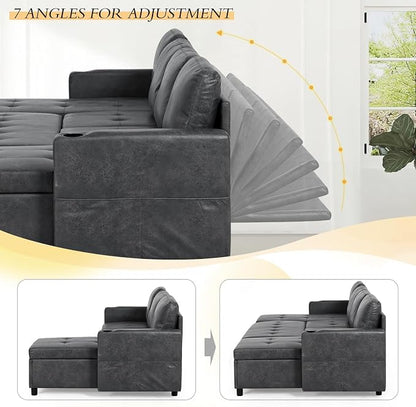 110 inches Suede Leather Sleeper Sofa w/Pull Out Bed, U-Shape Sectional Sofa Bed w/Adjustable Backrest and Storage Chaises, 4-Seats Upholstered Sofa Bed w/USB Port for Living Room, Grey