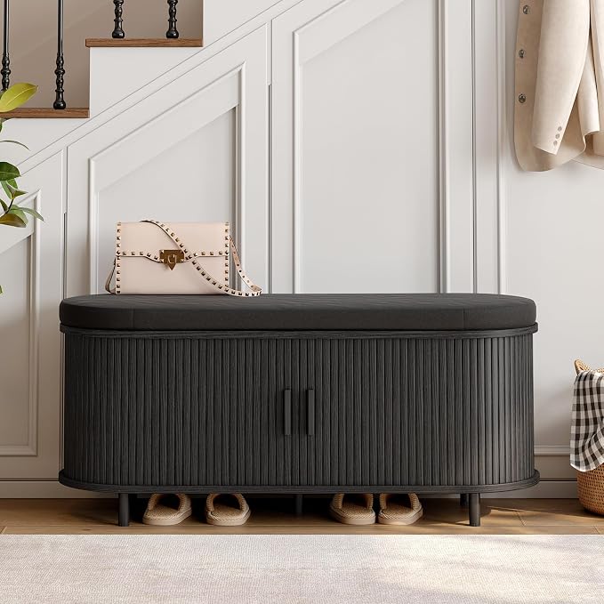 ONBRILL 43" Shoe Bench with Storage, Fluted Shoe Storage Bench with Cushion, Sliding Door and Adjustable Shelf, for Entryway, Hallway, Living Room, Black