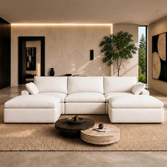 Novilla 104.3" Modular Cloud Couch, Modern Sectional Sofa with Smarts Coil® Support, Chenille Fabric, Upholstered Couch for Living Room Apartments Bedroom, No Assembly, 3 Seater + 2 Ottoman, White