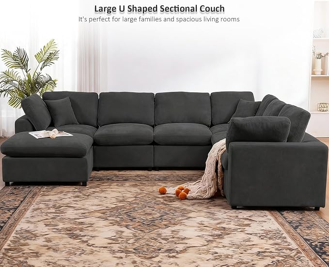 Oversized Modular Sectional Sofa Couch for Living Room, Dark Gray | Large 7 Seater Corner Sofa | Modern U Shaped Sectional | with Ottoman | Spacious Space | Comfy Chenille | for Large Families