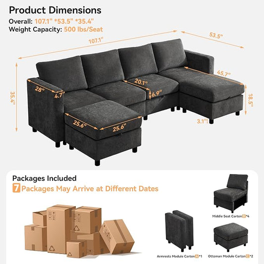 WUTUTUEE 107”Modular Sectional Sofa Convertible U Shaped Sofa Couch Set with Storage for Living Room, Modern 6 Seater Modular Sectional Couch with Movable Ottoman, Chenille(Dark Grey)