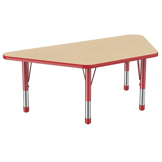 FDP Trapezoid Activity School and Classroom Kids Table (30 x 60 inch), Chunky Toddler Legs for Collaborative Seating Environments, Adjustable Height 15-24 inches - Maple Top and Red Edge