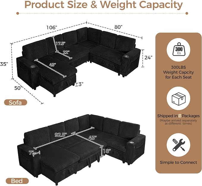 Sectional Sleeper Sofa with Pull Out Bed, 7-Seat L-Shaped, Black | Modular cloud couch with plush corduroy, hidden storage, USB charging, cup holders – Perfect for family movie nights