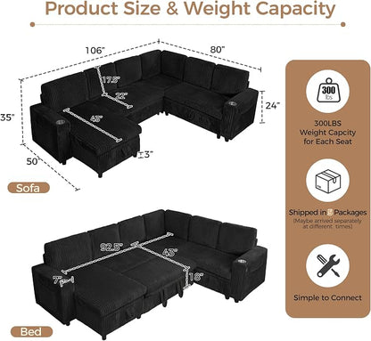 Sectional Sleeper Sofa with Pull Out Bed, 7-Seat L-Shaped, Black | Modular cloud couch with plush corduroy, hidden storage, USB charging, cup holders – Perfect for family movie nights