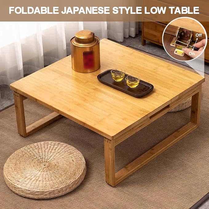 Foldable Low Japanese-Style Coffee Table - Square, Kids Art & Meditation Table, for Tatami Bedroom & Bay Window (31.5 * 31.5 * 12.2in)