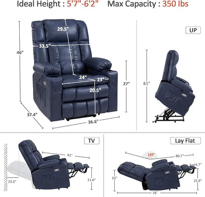 MCombo Large Dual Motor Power Lift Recliner Chair for Elderly, Zero Gravity Lift Chair with Heat and Massage, Infinite Position Lay Flat Recliner, USB Ports, Faux Leather 7896 (Blue, Large)