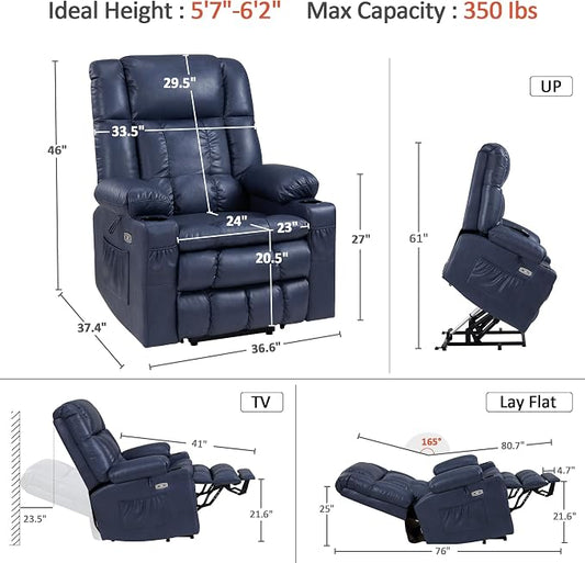 MCombo Large Dual Motor Power Lift Recliner Chair for Elderly, Zero Gravity Lift Chair with Heat and Massage, Infinite Position Lay Flat Recliner, USB Ports, Faux Leather 7896 (Blue, Large)