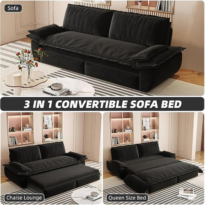 73.2" Sleeper Sofa Bed Queen, 3-in-1 Convertible Couch, Modern Pull Out Couches, Comfy Velvet Futon Sofa, Cloud Loveseat Lounge, Pillow Arm, for Small Spaces, Apartment, Living Room, Black