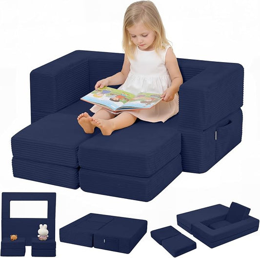 MeMoreCool Modular Kids Couch, Corduroy Play Toddler Couch for Bedroom Playroom Furniture, Convertible Foam Kids Sofa Bed, Fold Out Baby Sofa for Girl Boy, Navy