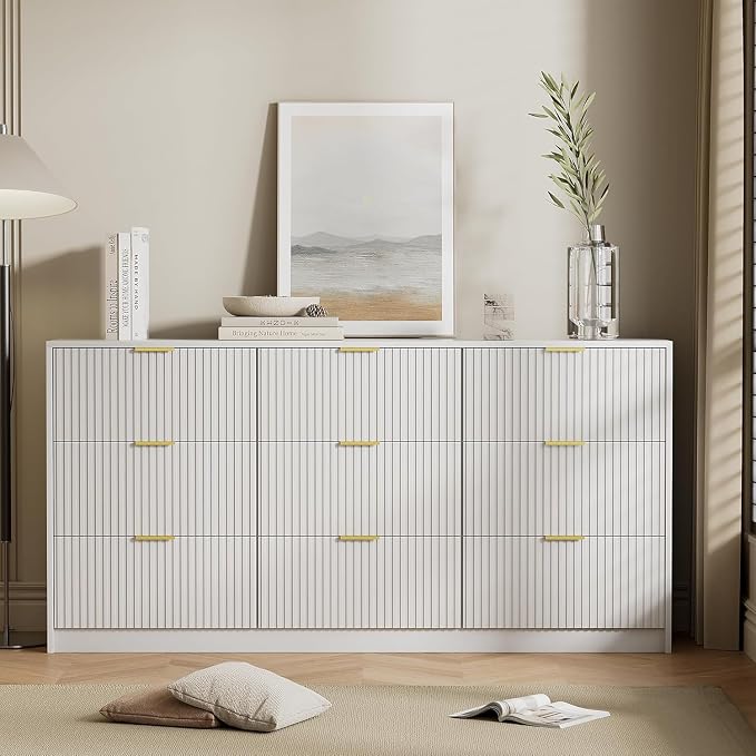 Furniway 9 Drawer White Dresser for Bedroom, 63" Modern Fluted Dresser with Gold Handles and Smooth Slides, Wide Chest of Drawers for Closet, Living Room, Hallway