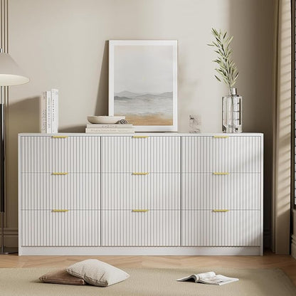 Furniway 9 Drawer White Dresser for Bedroom, 63" Modern Fluted Dresser with Gold Handles and Smooth Slides, Wide Chest of Drawers for Closet, Living Room, Hallway
