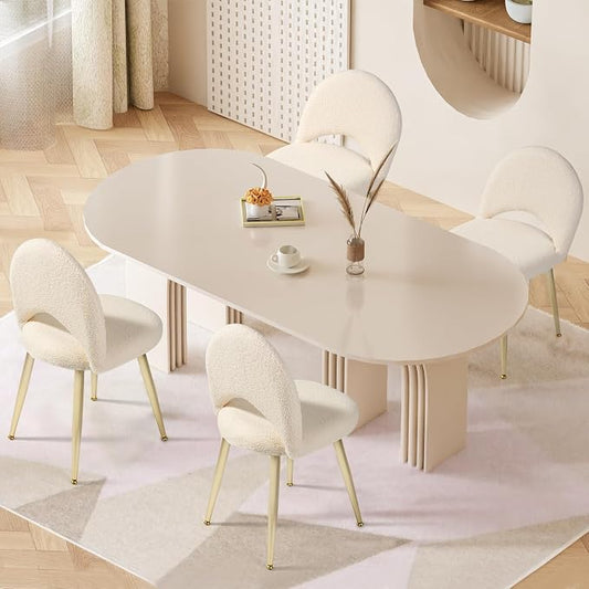 Vanity Chair with Adjustable Backrest Boucle Upholstery Amless Makeup Stool, White Sherpa Vanity Stool with Gold Metal Legs forBedroom Living Room Kitchen Dinning Room (Off White)