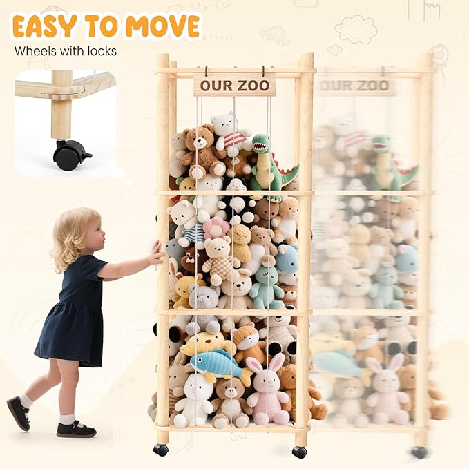 Stuffed Animal Zoo Organizer with Wheels – Extra Large Plush Storage Cage, Stuffed Animal Holder & Stuffed Animal Storage for Kids’ Bedroom and Playroom