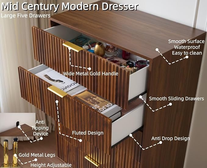 48" Tall Dresser for Bedroom with 5 Drawers, Mid Century Modern Wood Chest of Drawers, 30" Wide Fluted Closet Clothes Storage Organizer Dressers for Living Room, Hallway, Dark Walnut