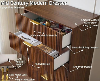 48" Tall Dresser for Bedroom with 5 Drawers, Mid Century Modern Wood Chest of Drawers, 30" Wide Fluted Closet Clothes Storage Organizer Dressers for Living Room, Hallway, Dark Walnut
