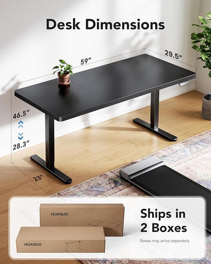 HUANUO 60x30 Inch Electric Standing Desk, Height Adjustable, Natural | Spacious Gaming Electric Desk, 220lbs Carbon Steel Frame with <55dB Brushless Motor & 4 Height Presets. Ships in 2 Packages