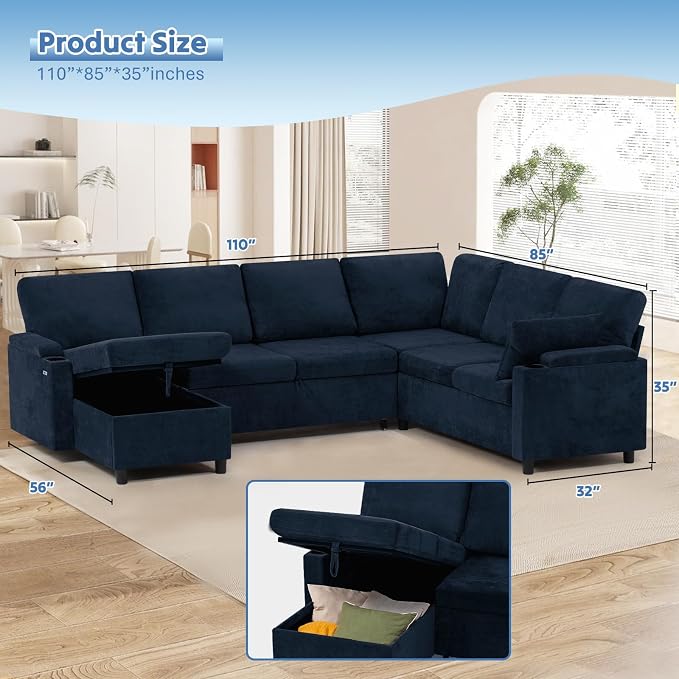 110" Chenille Sectional Sofa w/Pull Out Bed & Storage Chaise, Blue | Reversible U Shape Sofa w/Storage Armrests & Cup Holders, Corner Couch w/USB Charging Port & Throw Pillows for Living Room