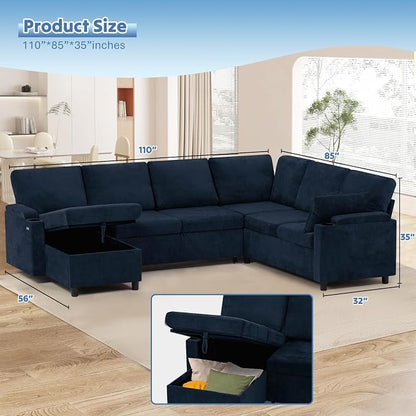 110" Chenille Sectional Sofa w/Pull Out Bed & Storage Chaise, Blue | Reversible U Shape Sofa w/Storage Armrests & Cup Holders, Corner Couch w/USB Charging Port & Throw Pillows for Living Room