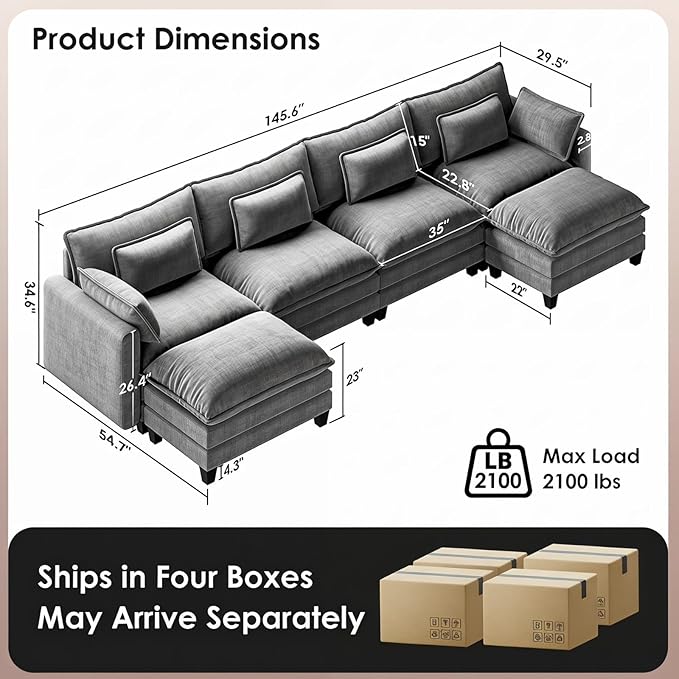 Marsail Modular Sectional Sofa 145.6" U-Shaped Modern Comfy Cloud Couch, 6-Seat Chenille Deep Seat Sofa with Throw Pillow & Movable Ottoman for Living Room, Bedroom and Apartment, Grey