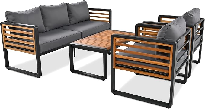 4-Pieces Outdoor Patio Sectional Sofa Set with Coffee Table, All-Weather 5 Person Conversation Set with Thick Cushions and Pillows for Garden Backyard Balcony, Acacia Wood Tabletop (Gray-N74)