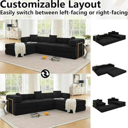 HANXIN 108" Modular Sectional Sofa,Futon Convertible Sofa Bed,Oversized Corduroy Boneless Couch for Living Room,Floor Loveseat Sleeper with Pull Out Bed,Free Combination,No Assembly Required (Black)