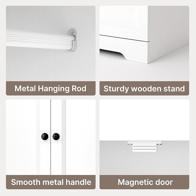 Gizoon Wooden Armoire Wardrobe with Full-Length Mirror & 2 Drawers, 2 Doors, Hanging Rod, Anti-tip, Adjustable Mirror Position (Left/Right), freestanding Wardrobe for Bedroom, White