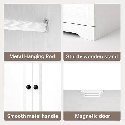 Gizoon Wooden Armoire Wardrobe with Full-Length Mirror & 2 Drawers, 2 Doors, Hanging Rod, Anti-tip, Adjustable Mirror Position (Left/Right), freestanding Wardrobe for Bedroom, White
