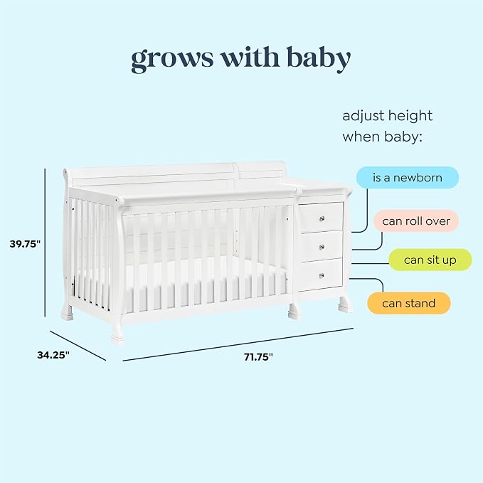 DaVinci Kalani 4-in-1 Convertible Crib and Changer Combo in White | GREENGUARD Gold Certified, Converts to Toddler Bed, Daybed & Full-Size Bed, 4 Adjustable Mattress Heights, Easy to Assemble