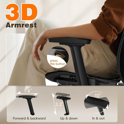 GABRYLLY Ergonomic Office Chair with Footrest, 135° Reclining Desk Chair with Adjustable Lumbar Support,3D Armrest,Headrest & Large Steel Base, 300LBS Heavy Duty Mesh Chair