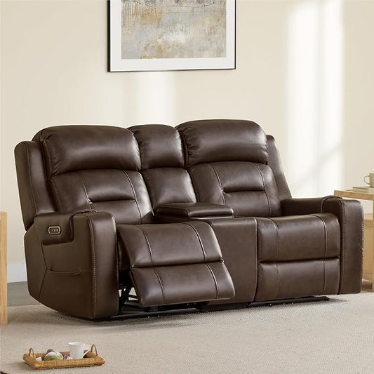 Watson & Whitely Genuine Leather Power Loveseat Recliner Sofa, Lay Flat Reclining Sofa with Console, Power Headrest, Cup Holders & Wireless Charging, Dual Recliner for Living Room, Dark Brown