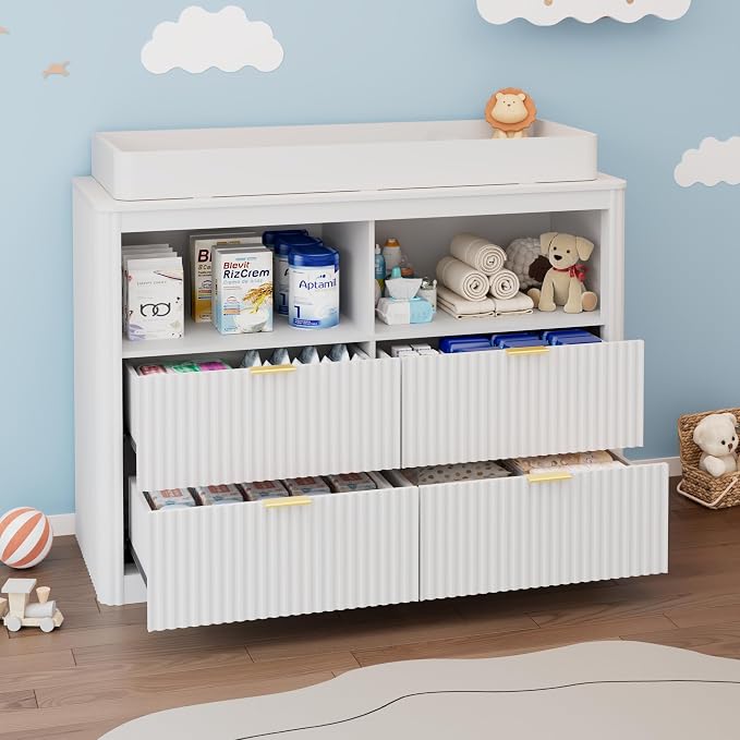 Nursery Dresser, 4 Large Drawers Wood Baby Changing Dresser with Raised and Detachable Changing Table Top, Fluted Chest with Gold Handles, Baby Storage Organizer for Kids Bedroom, Nursery Room, White