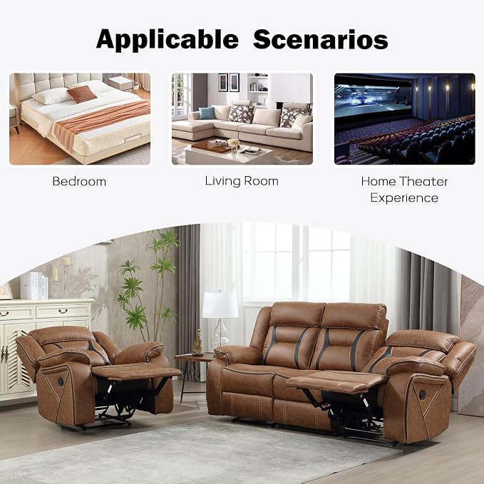 EBELLO Faux Leather Recliner Sofa Furniture Set for Living Room, 2 Recliner Chairs, 3 Seat Reclining Sofa Couch Set for Meeting Room, Brown