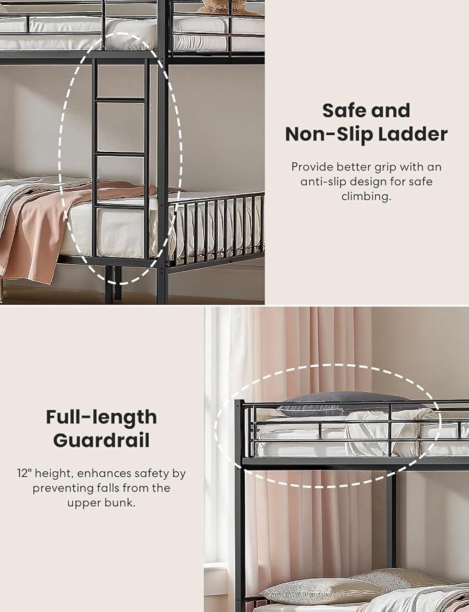 Mixcous Queen Over Queen Bunk Bed, Heavy-Duty Bed Frame with Safety Guardrails, Built-in PVC Rubber Cover Anti-Slip Ladder, Metal Bunk Bed, Noise Reduced, Black