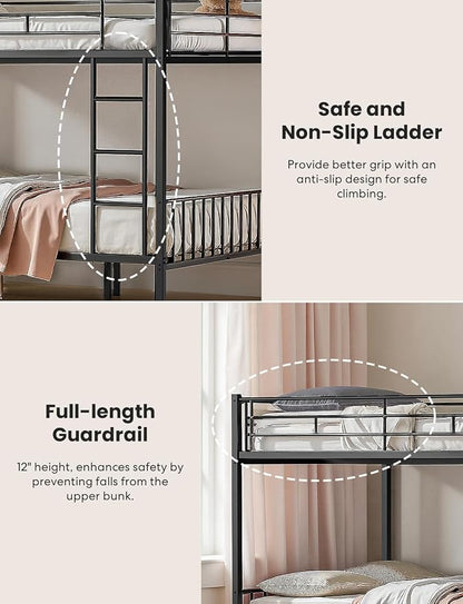 Mixcous Queen Over Queen Bunk Bed, Heavy-Duty Bed Frame with Safety Guardrails, Built-in PVC Rubber Cover Anti-Slip Ladder, Metal Bunk Bed, Noise Reduced, Black