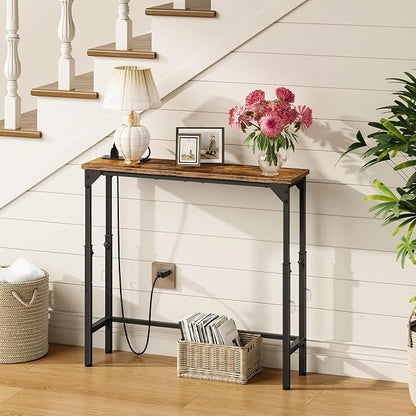 CHOEZON 29.5" Narrow Console Table with Adjustable Height (21.1"-29.9"), Behind Couch Table, Entryway Table with Power Outlet, Narrow Sofa Table, for Entryway, Rustic Brown and Black TXG10UBF