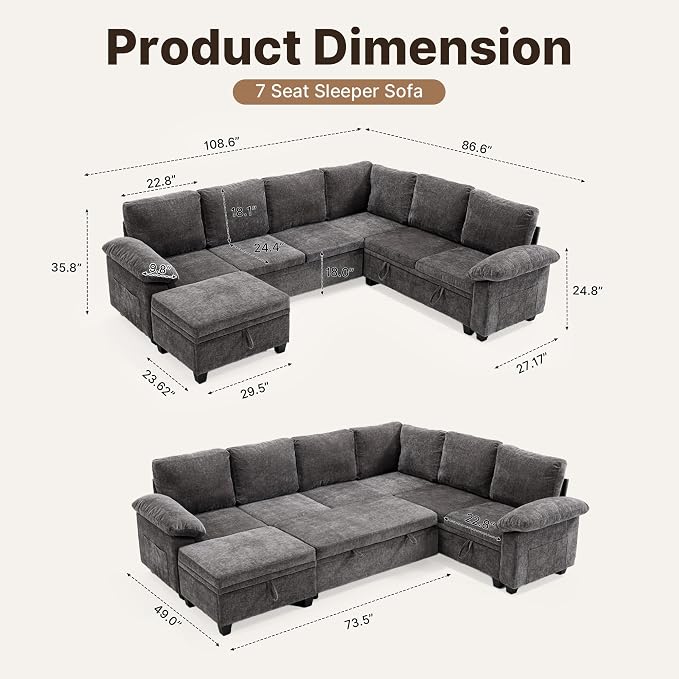 108" Modular Sectional Sofa Bed with Storage, L Shaped Pull Out Couch, Removable Chenille Sofa Cover for Living Room (Grey, 7 Seat)