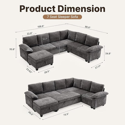 108" Modular Sectional Sofa Bed with Storage, L Shaped Pull Out Couch, Removable Chenille Sofa Cover for Living Room (Grey, 7 Seat)