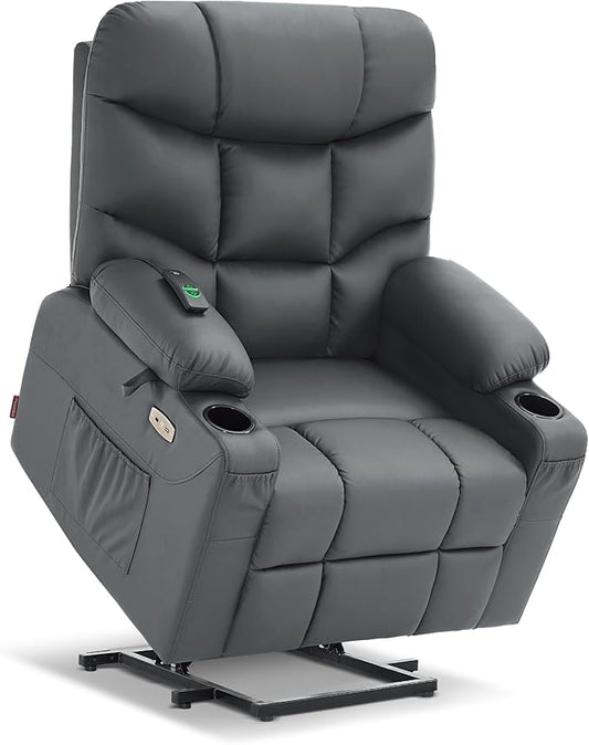MCombo Power Lift Recliner Chair for Elderly, for Mom, Electric Lift Chair with Extended Footrest, USB Ports, Cup Holders, Faux Leather 7287 (Dark Grey, Medium)