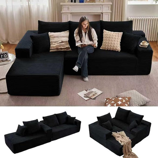 96" Modular Sectional Sofa,Modern Corduroy Cloud Couch,Boneless Couch Upholstered 3-Seater L-Shaped Sofa for Living Room,Couch in a Box No Assembly (Black, Left-Facing Chaise)