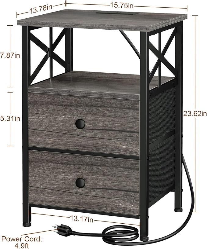 AMHANCIBLE Night Stand Set 2, Nightstand with Charging Station, Small Bedside Table with 2 Fabric Drawers, End Tables Living Room with USB C Ports for Bedroom, Dark Grey HET05XDG
