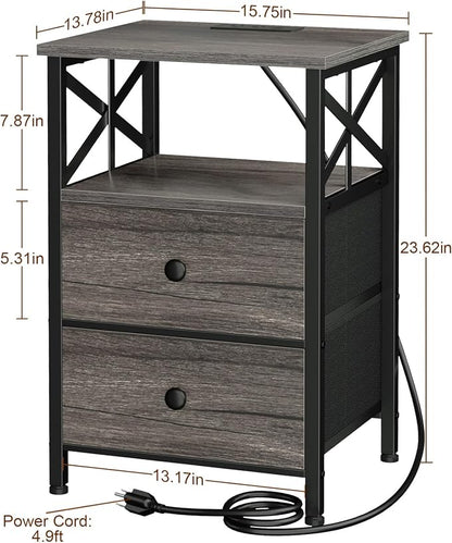 AMHANCIBLE Night Stand Set 2, Nightstand with Charging Station, Small Bedside Table with 2 Fabric Drawers, End Tables Living Room with USB C Ports for Bedroom, Dark Grey HET05XDG