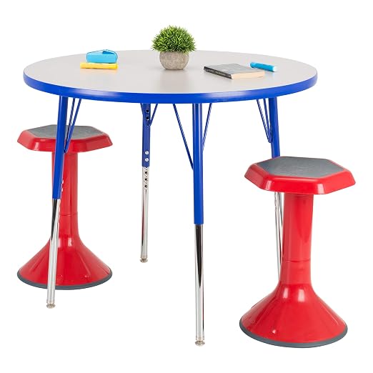 Norwood Commercial Furniture Adjustable Height Classroom Activity Table for Kids & Adults, Round Activity Table for School and Home, 30" D x 30" W x 30" H, Gray/Blue