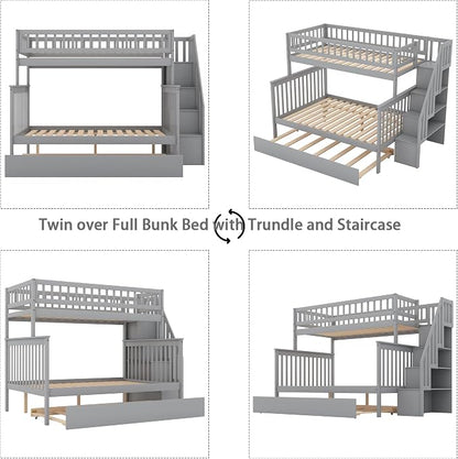 MERITLINE Twin Over Full Bunk Bed with Trundle, Storage Staircase,Solid Wood Bunk Bed with Storage Stairs Box and Guardrail, No Spring Box Needed (Grey)